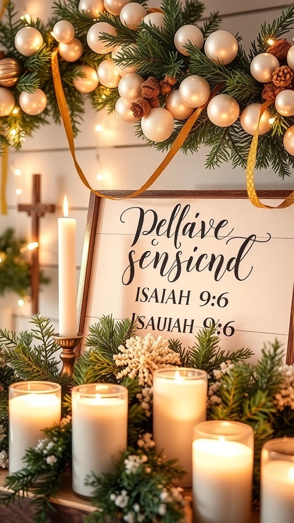 Isaiah 9:6 Christmas Aesthetic A Christmas decor scene with lights, gold accents, evergreen branches, and a sign of Isaiah 9:6.